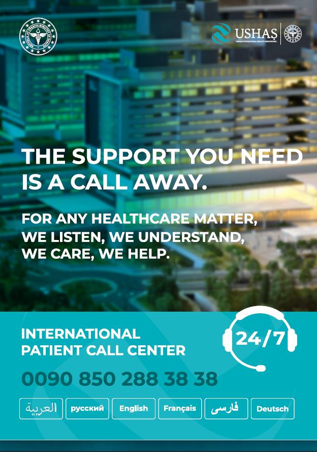 Sağlık turizmi ve turistin sağlığı hakkında bütün sorularınız ve sorunlarınız için çağrı merkezimizi 7 gün 24 saat boyunca +90 850 288 38 38 numaralı telefondan arayabilir ve bizlere ulaşabilirsiniz.